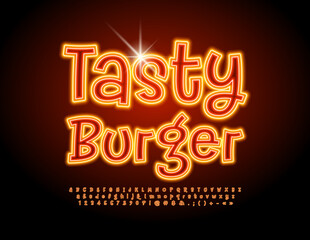 Vector glowing Poster Tasty Burger. Funny Neon Font. Creative Alphabet Letters and Numbers set