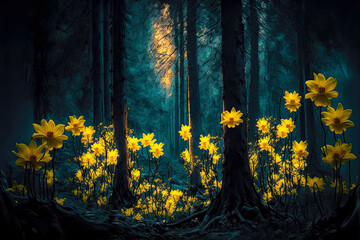 Dark Forest with Yellow Flowers. Generative AI. 