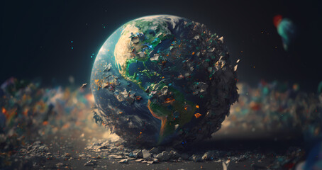 Obraz na płótnie Canvas Eco environmental problem, planet in trash human waste, blur background banner. Concept plastic pollution Earth. Generation AI.
