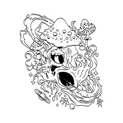 Psychedelic art. Fly agaric mushrooms. Alien skull. Space. Mystic. Hand drawn vector illustration. T-shirt print template. 