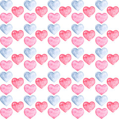 Hearts watercolor seamless pattern. Valentine's Day. February 14. Love, romance. Red, pink, gray hearts. White background. For printing on wrapping paper, textiles, fabrics. For electronic media.