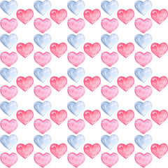Hearts watercolor seamless pattern. Valentine's Day. February 14. Love, romance. Red, pink, gray hearts. White background. For printing on wrapping paper, textiles, fabrics. For electronic media.