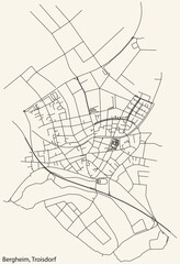 Fototapeta na wymiar Detailed navigation black lines urban street roads map of the BERGHEIM DISTRICT of the German town of TROISDORF, Germany on vintage beige background