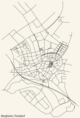 Detailed navigation black lines urban street roads map of the BERGHEIM DISTRICT of the German town of TROISDORF, Germany on vintage beige background