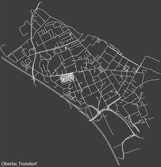 Detailed negative navigation white lines urban street roads map of the OBERLAR DISTRICT of the German town of TROISDORF, Germany on dark gray background