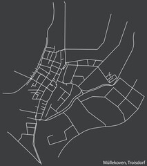 Detailed negative navigation white lines urban street roads map of the MÜLLEKOVEN DISTRICT of the German town of TROISDORF, Germany on dark gray background