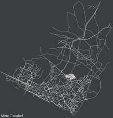 Detailed negative navigation white lines urban street roads map of the MITTE DISTRICT of the German town of TROISDORF, Germany on dark gray background