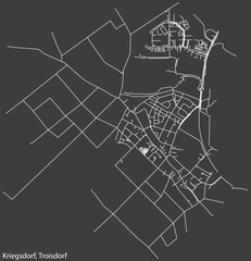 Detailed negative navigation white lines urban street roads map of the KRIEGSDORF DISTRICT of the German town of TROISDORF, Germany on dark gray background