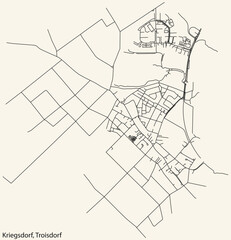 Detailed navigation black lines urban street roads map of the KRIEGSDORF DISTRICT of the German town of TROISDORF, Germany on vintage beige background