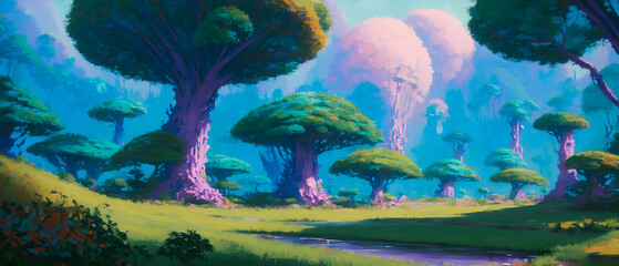 A surreal and fantastical landscape, an unknown world filled with a beautiful and colorful jungle. The hues are vibrant and give life to this otherworldly scene. Generative AI