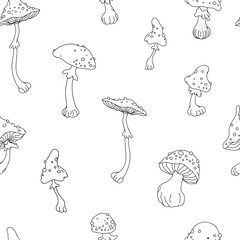 Seamless fly agaric mushrooms pattern backgrounds. Line art. Vector illustration.