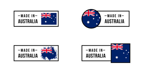 Set of sticker Made in Australia. Design labels with Australian flag for packaging, Factory, manufacturing and production country. Vector