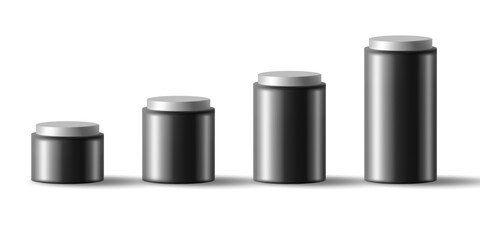 Set of black modern bottles for vitamins, sports supplements, medical devices, cosmetics. For product design and advertising materials.