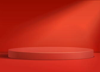 Red podium on red background with spotlight realistic 3D vector illustration. Stand to show cosmetic products.