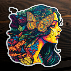 retro vibe female face with butterfly illustration of a sticker, AI assisted finalized in Photoshop by me