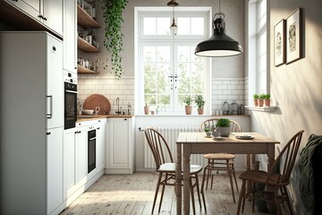 Fototapeta na wymiar Scandinavian kitchen interior, 3d render. Ai-generative.
