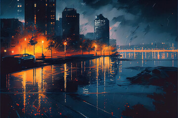 Fototapeta premium Art painting, generative Ai, city skyline at night