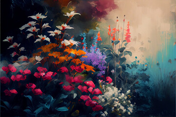 Fototapeta na wymiar Art painting, generative Ai, colorful background with flowers