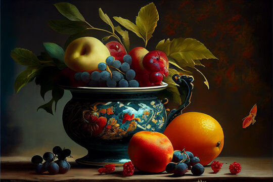 Oil painting art, generative Ai, still life with fruits and berries