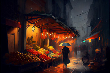 Naklejka premium Oil painting art, generative Ai, people in the night market