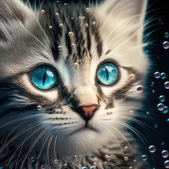 Kitten surrounded by bubbles