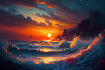 Oil painting style illustration, generative Ai, sunrise over the sea