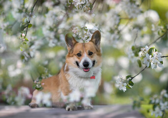 cute corgi dog puppy sitting in a sunny spring garden among apple blossoms
