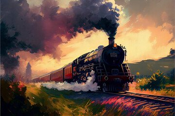 Oil painting art, generative Ai, steam train in the mountains - obrazy, fototapety, plakaty