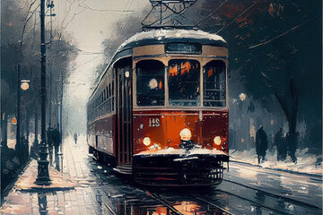 Art painting, generative Ai, old tram
