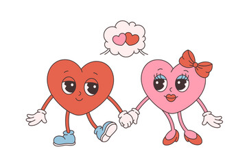 Trendy retro cartoon heart characters. Groovy style, vintage, 70s 60s aesthetics. Happy Valentines day. Vector illustration