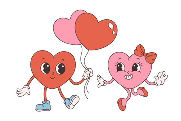 Trendy retro cartoon heart characters. Groovy style, vintage, 70s 60s aesthetics. Happy Valentines day. Vector illustration