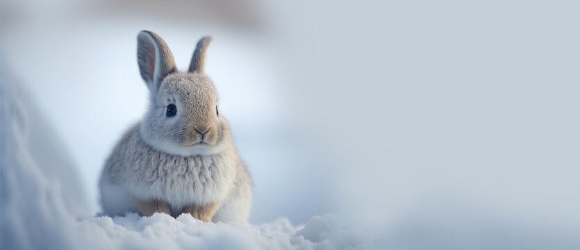 Cute Easter bunny rabbit resting in a fresh blanket of snow.  Small brown cotton tail in an open field winter landscape. A cute Easter image created with generative ai	