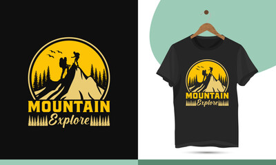 Mountain explore colorful t-shirt design template. Mountain adventure design print for apparel, shirt, clothe, bags, and mugs. Vector illustration with a hill, man, and nature.