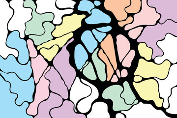 Abstract background, colorful blots with black outline, flat vector, method of working with the unconscious, new neural connections, Piskarev's neurographics