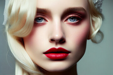 Fototapeta premium Portrait of young beautiful woman with red lipstick. Digitally AI generated image.