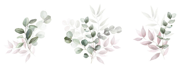 Watercolor floral bouquet branches set with green pink blush leaves, for wedding invitations, greetings, wallpapers, fashion, prints. Eucalyptus, olive green leaves.