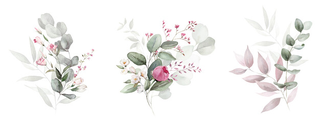 Watercolor floral bouquet set with green leaves, pink peach blush white flowers, leaf branches, for wedding invitations, greetings, wallpapers, fashion, prints. Eucalyptus, olive, rose, peony.