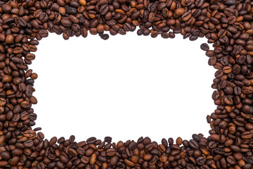 Rectangular frame of roasted coffee beans on a white background. Coffee shop concept