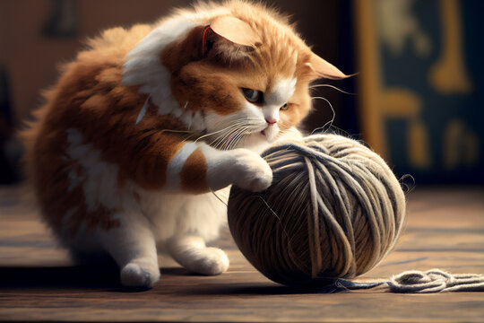 S&uuml;&szlig;e Katze spielt mit einem Wollkn&auml;ul - Generative Ai