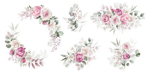 Fototapeta na wymiar Watercolor floral illustration set bouquet, wreath, frame green leaves, pink peach blush white flowers branches. Wedding invitations, greetings, wallpapers, fashion, prints. Eucalyptus, olive, peony.