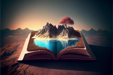 Open book generating a marvelous fantastic landscape, generative AI