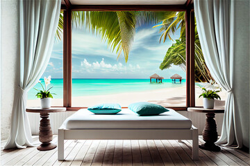 Spa bed in a tropical beach with white sand and turquoise water, generative AI