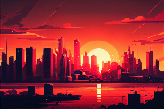 illustration of a modern city with high-rise buildings at sunset in red and orange hues, generative AI