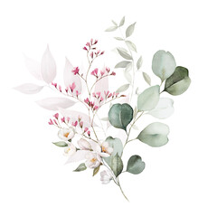 Watercolor floral bouquet with green leaves, pink peach blush white flowers leaf branches, for wedding invitations, greetings, wallpapers, fashion, prints. Eucalyptus, olive green leaves, rose, peony.