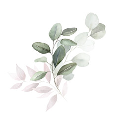 Watercolor floral bouquet with green pink blush leaves branches, for wedding invitations, greetings, wallpapers, fashion, prints. Eucalyptus, olive green leaves, rose.