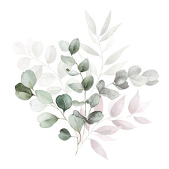 Watercolor floral bouquet with green pink blush leaves branches, for wedding invitations, greetings, wallpapers, fashion, prints. Eucalyptus, olive green leaves, rose.