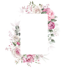 Watercolor floral frame with green leaves, pink peach blush white flowers branches, for wedding invitations, greetings, wallpapers, fashion, prints. Eucalyptus, olive green leaves, rose, peony.