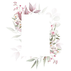 Watercolor floral frame with green leaves, pink peach blush white flowers branches, for wedding invitations, greetings, wallpapers, fashion, prints. Eucalyptus, olive green leaves, rose, peony.