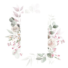 Watercolor floral frame with green leaves, pink peach blush white flowers branches, for wedding invitations, greetings, wallpapers, fashion, prints. Eucalyptus, olive green leaves, rose, peony.