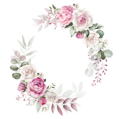 Watercolor floral wreath frame with green leaves, pink peach blush white flowers branches, for wedding invitations, greetings, wallpapers, fashion, prints. Eucalyptus, olive green leaves, rose, peony.